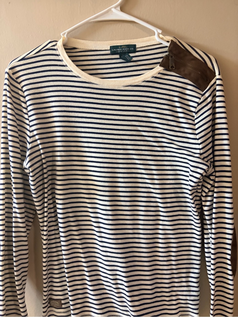 Ralph Lauren Navy and White Striped Long Sleeve Top with Brown Shoulder Patch